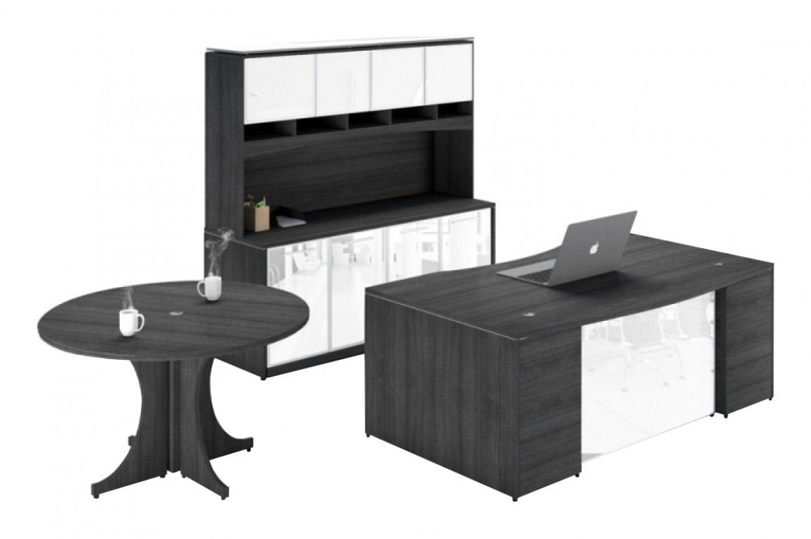 Bow Executive Desk Set with Storage Cabinet and Round Table – view 1