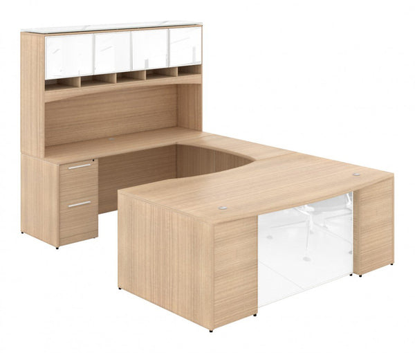 Corp Design U Shaped Desks with Glass Modesty Panel and Hutch – view 1