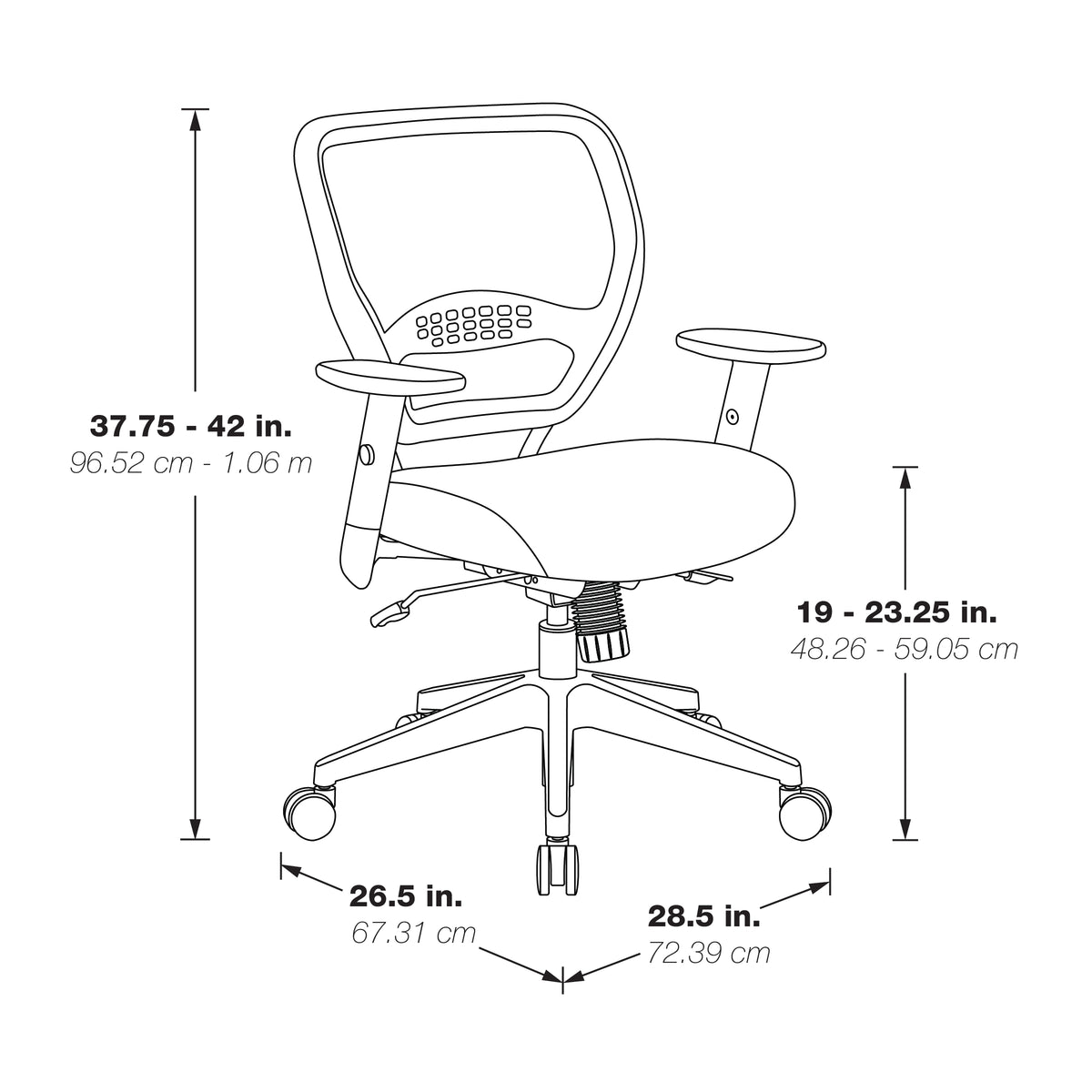 Office Star SPACE 55247SM 24/7 Air Grid Task Chair with Memory Foam Seat – product dimensions