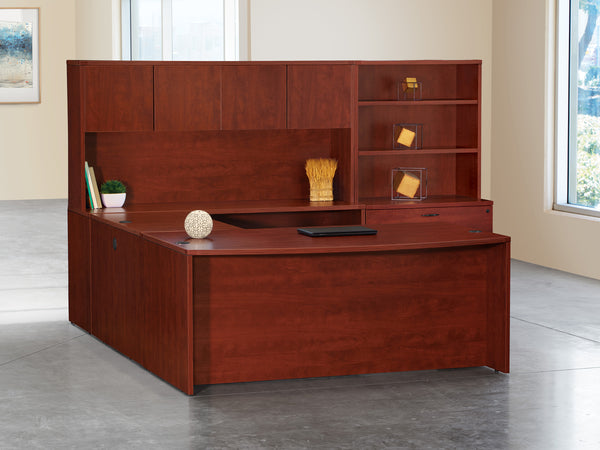 Office Star Napa U-shaped executive desk with hutch and bookcase in Cherry laminate – commercial office furniture, quote available