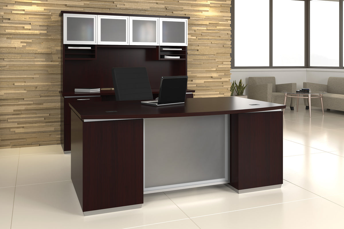 Tuxedo Executive Desk Suite with Credenza and Glass Door Hutch in Dark Roast
