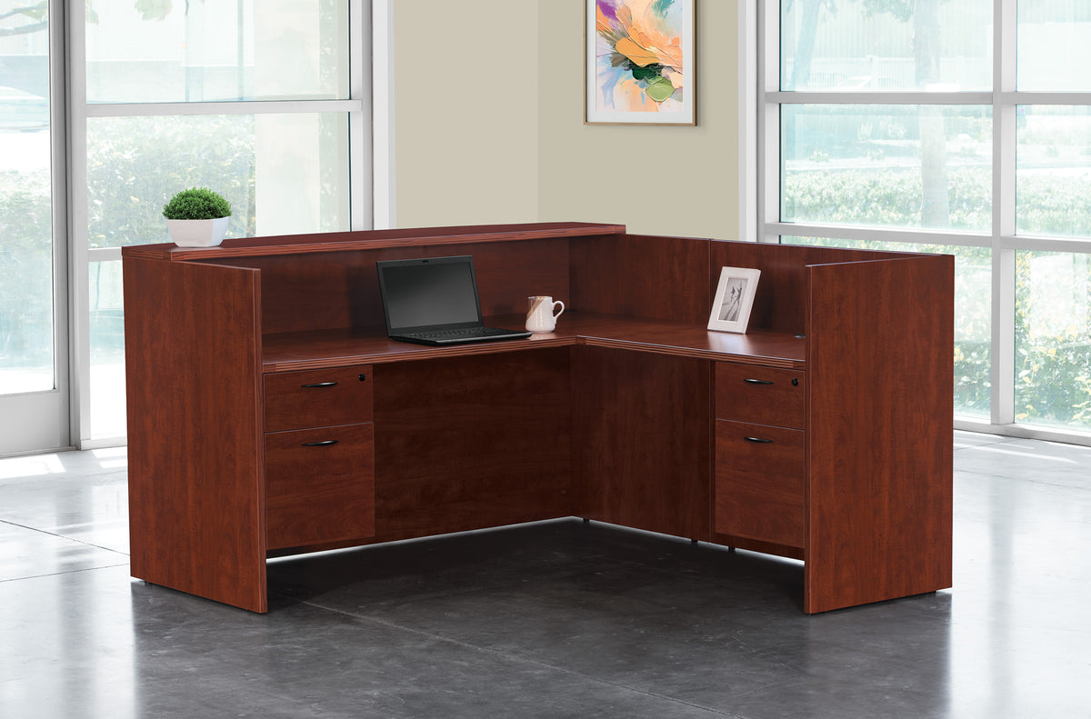 Office Star Napa L-shaped reception desk with transaction counter in Cherry laminate – commercial office furniture, quote available