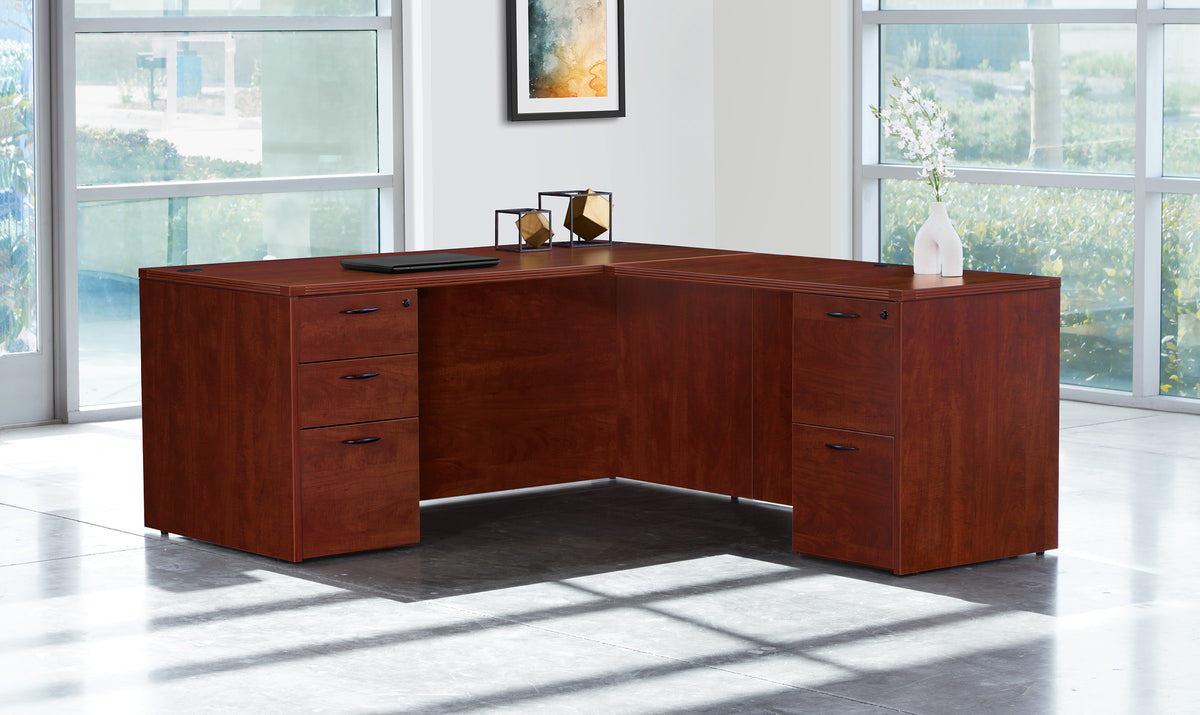 Office Star Napa L-shaped desk with return and pedestals in Cherry laminate – commercial office furniture, quote available