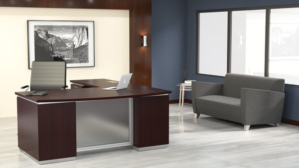 Tuxedo L-Shaped Bow Front Desk 72" x 90" in Dark Roast, left return