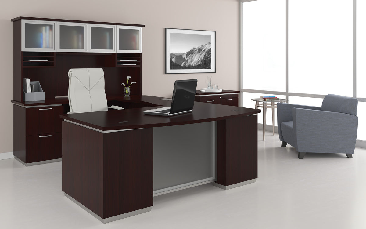 Tuxedo U-Shaped Desk with Bridge and Glass Door Hutch in Dark Roast, left bridge