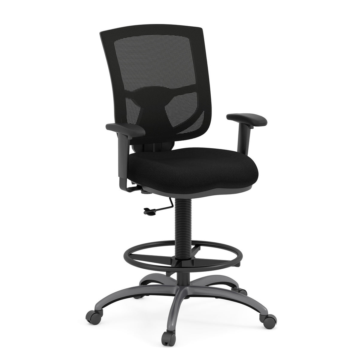 OfficeSource CoolMesh Pro Collection Mesh Back Task Stool with Adjustable Arms, Upholstered Seat, Footring and Titanium Base (OSST7901)